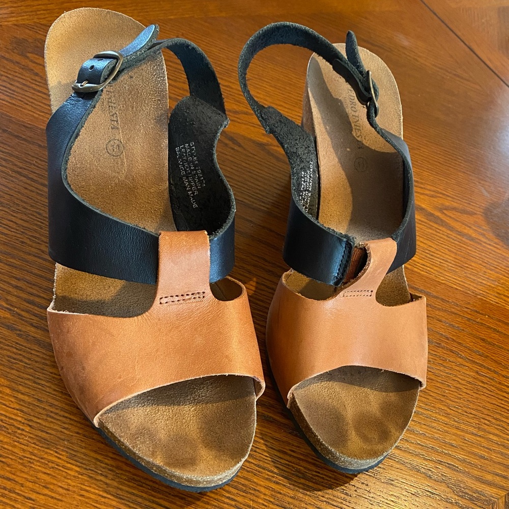 Pedro Iniesta black & brown leather wedge sandals. Used size 11, fits like a 10.